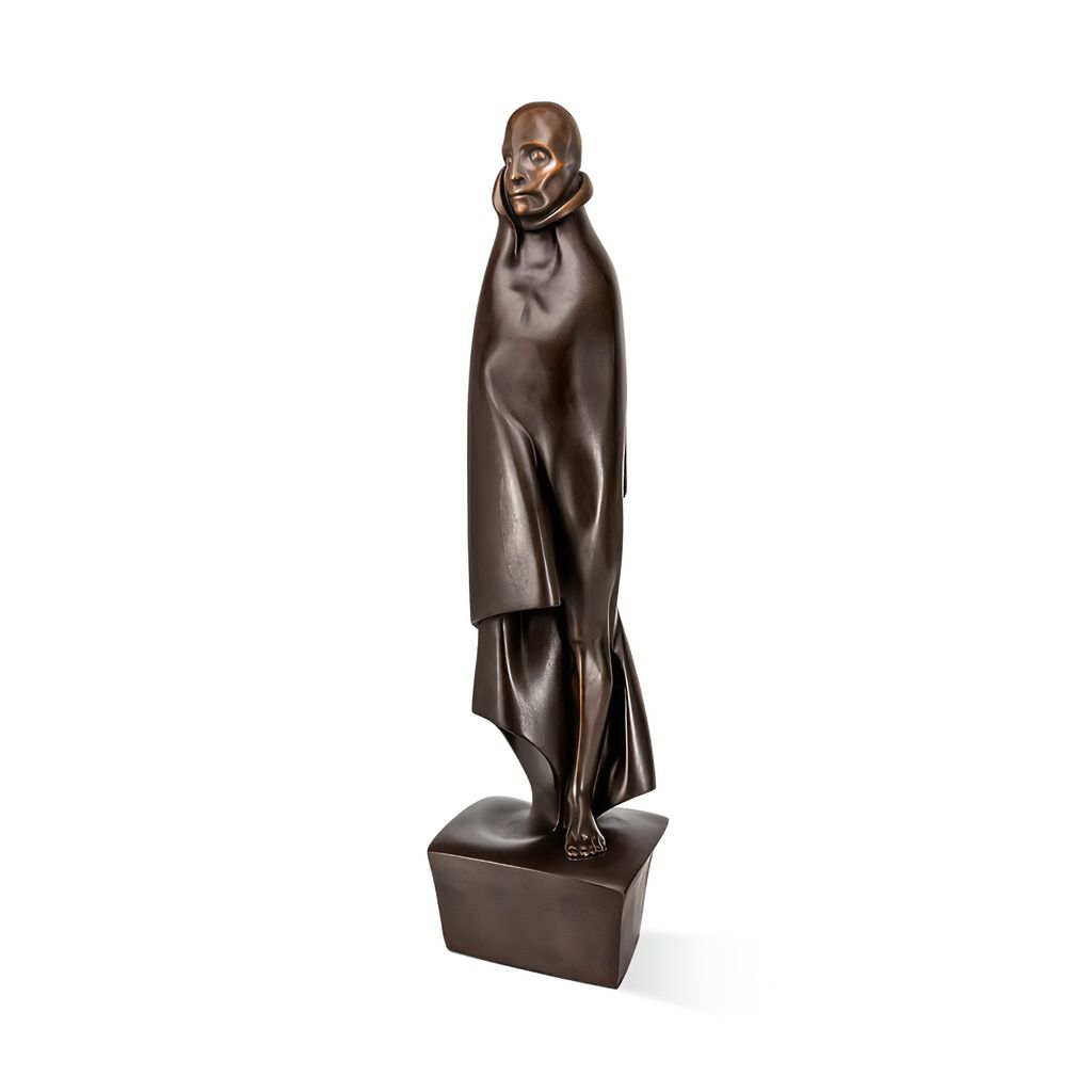  Elegante Bronzefigur Eines Mannes In Dunkelbraun - Mensch Mit Mantel
