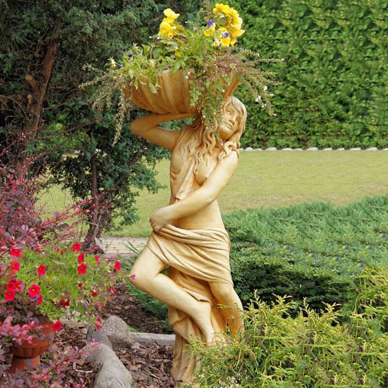  Elegante Frauen Gartenskulptur Aus Steinguss Mit Schale - Bepflanzbar - Fiorella