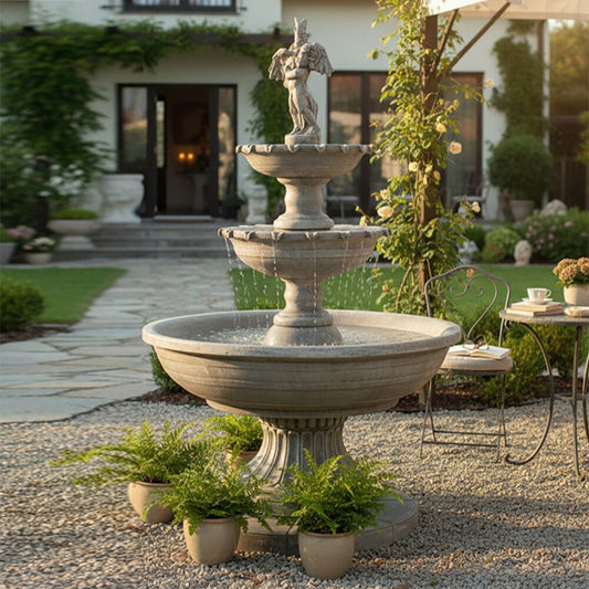  Eleganter Kaskaden Springbrunnen Aus Steinguss - Junge Mit Vogel - Romano