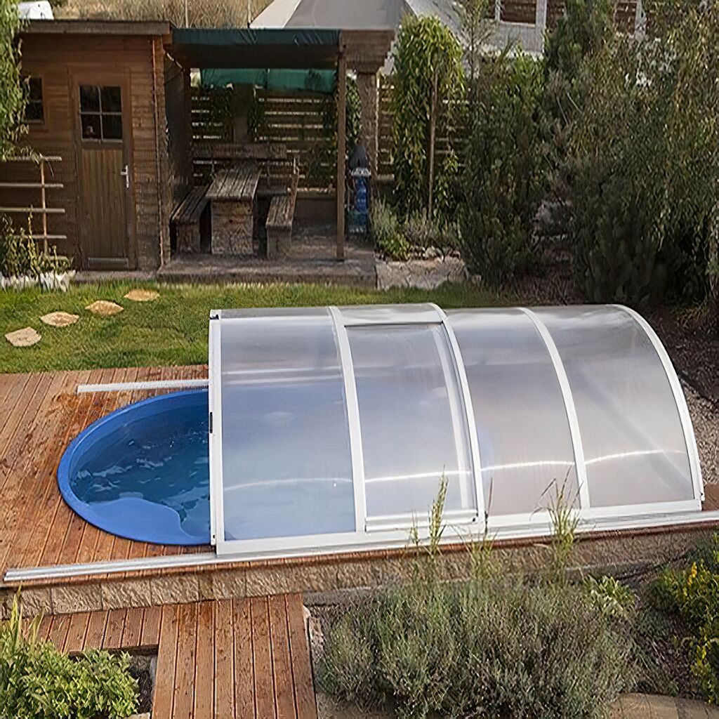  Flache Outdoor Poolüberdachung Mit Seitentür - Vormontiert - Für Kleinere Pools - Eckig - Aus Aluminium & Polycarbonat - Onyx