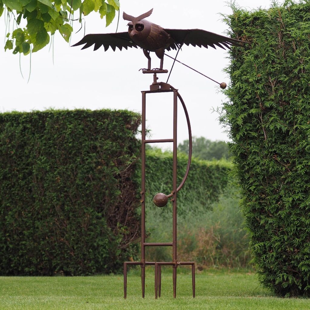  Fliegende Eule Mit Windrad - Gartenskulptur In Rostoptik - Tekoran