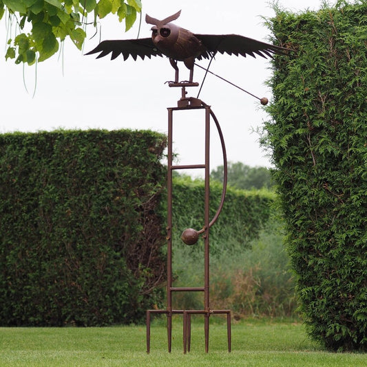  Fliegende Eule Mit Windrad - Gartenskulptur In Rostoptik - Tekoran