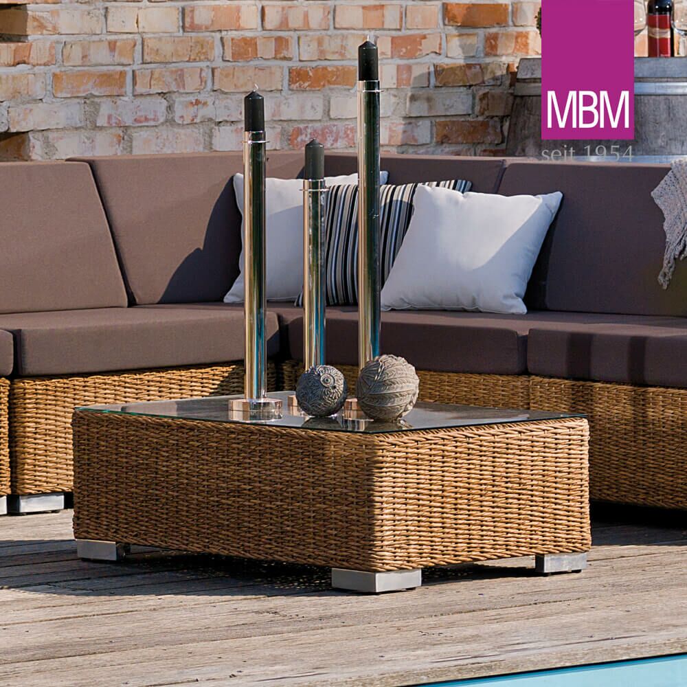  Garten Lounge Tisch Mit Glasplatte - MBM - Alu & Geflecht - Braun - 90x60x32cm - Loungetisch Bellini