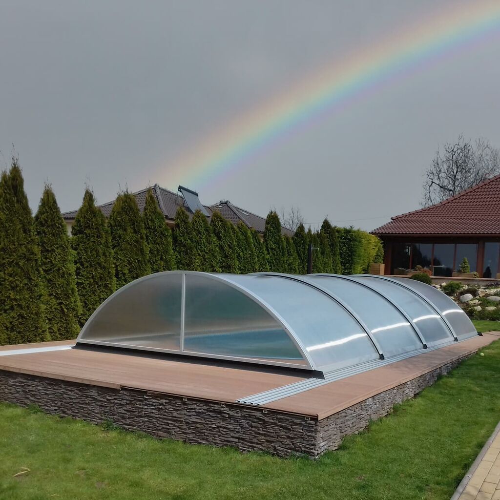  Garten Poolabdeckung - Vormontiert - Aus Aluminium & Polycarbonat - Silber - Abschließbar 132cm Hoch - Heliodor