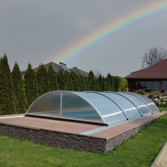 Garten Poolabdeckung - Vormontiert - Aus Aluminium & Polycarbonat - Silber - Abschließbar 132cm Hoch - Heliodor