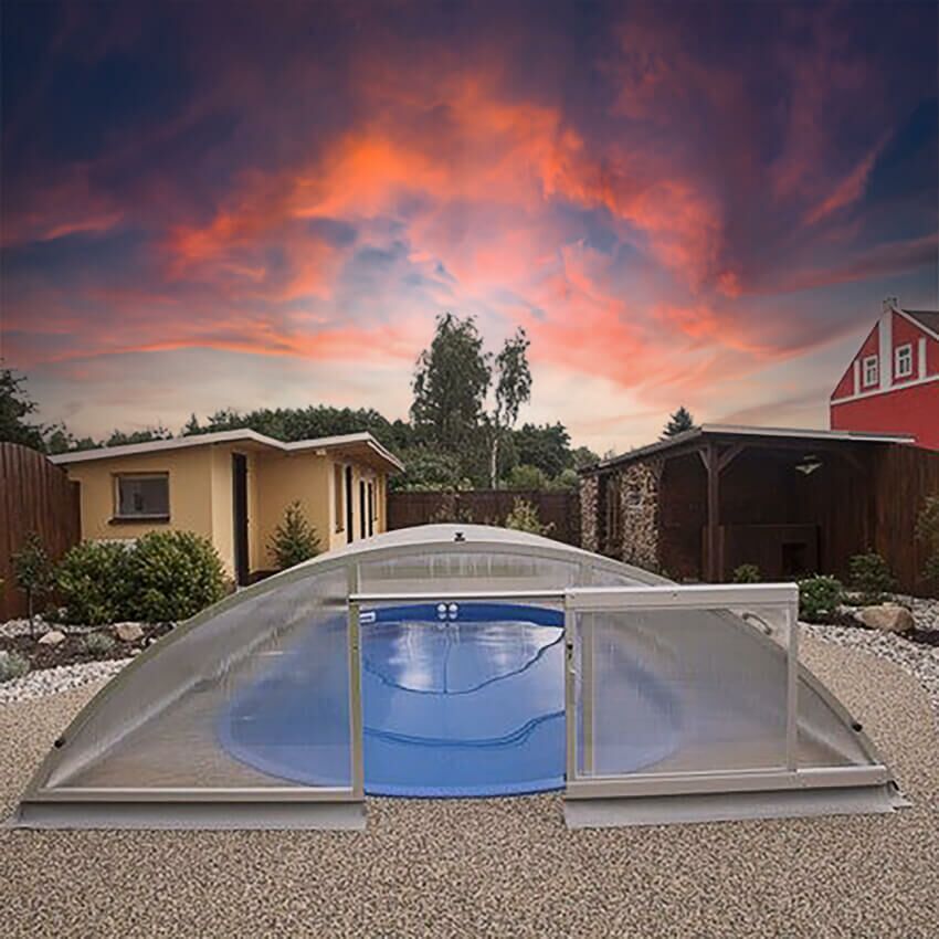  Garten Poolabdeckung - Vormontiert - Aus Aluminium & Polycarbonat - Silber - Abschließbar 132cm Hoch - Heliodor
