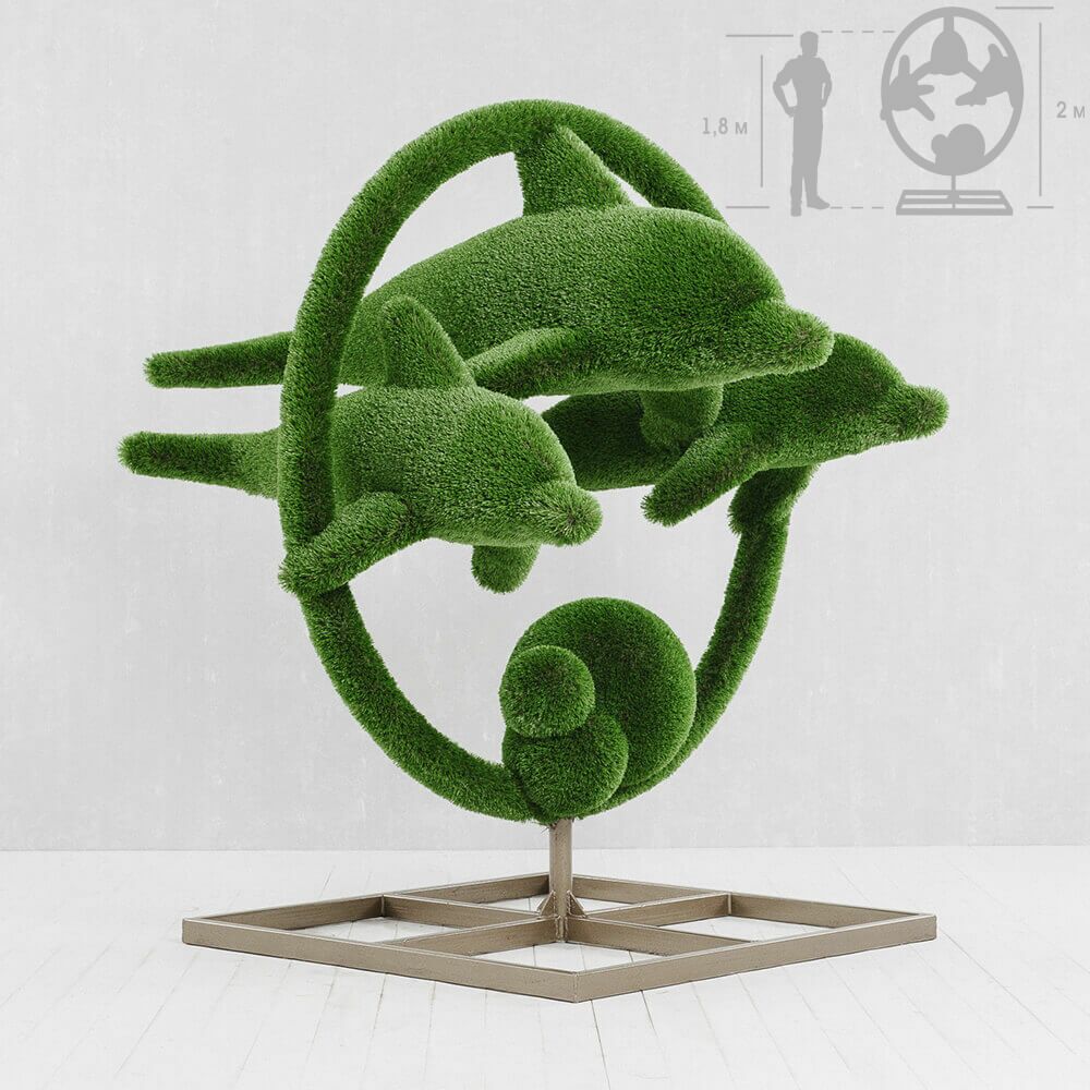  Große Gartenplastik Delfine - GFK & Kunstrasen - Hecken Skulptur - Flipper