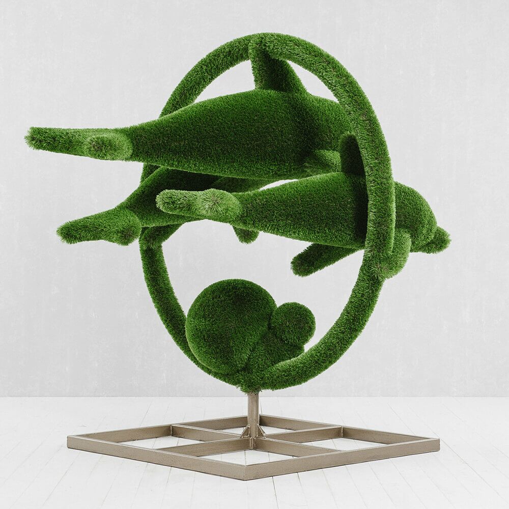  Große Gartenplastik Delfine - GFK & Kunstrasen - Hecken Skulptur - Flipper