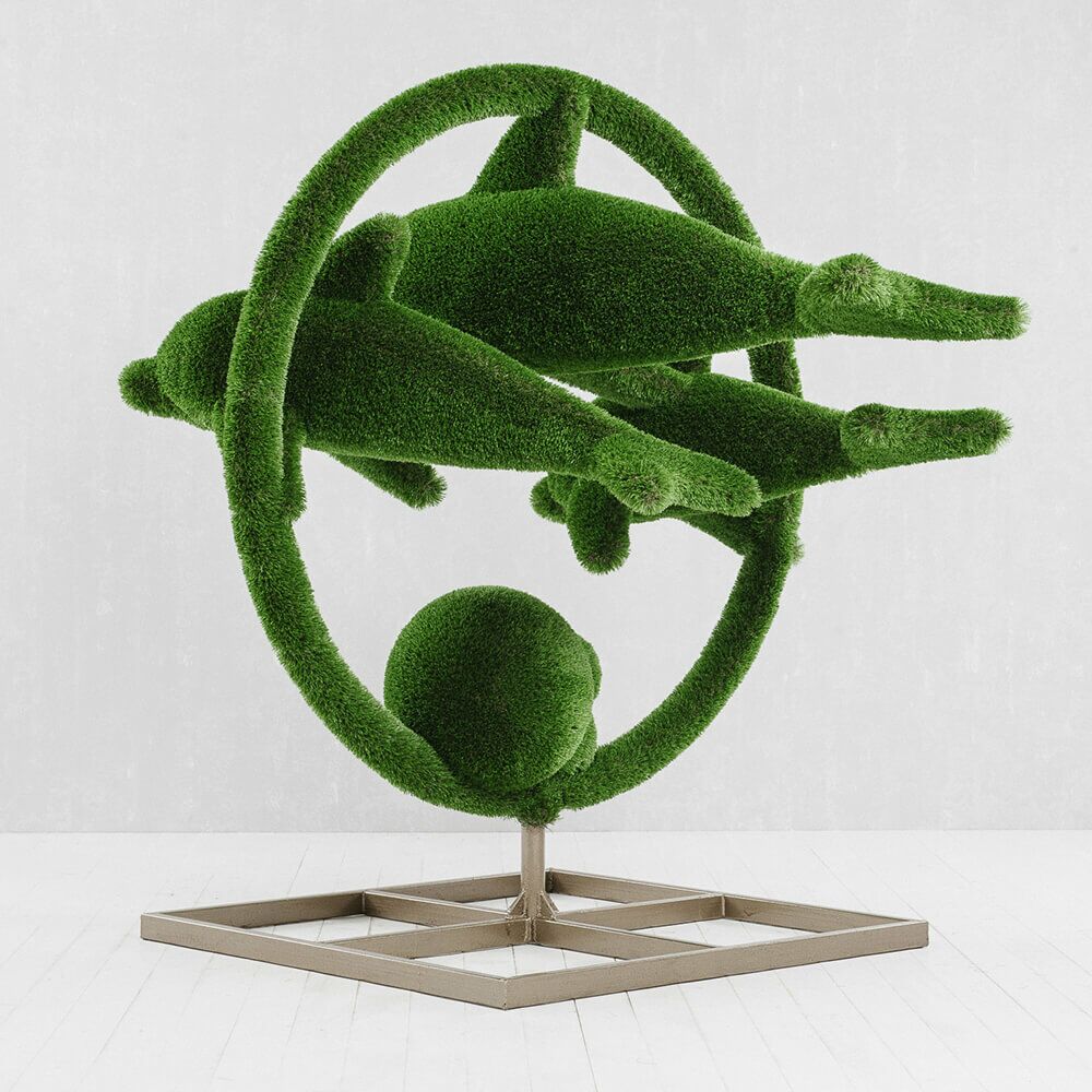  Große Gartenplastik Delfine - GFK & Kunstrasen - Hecken Skulptur - Flipper