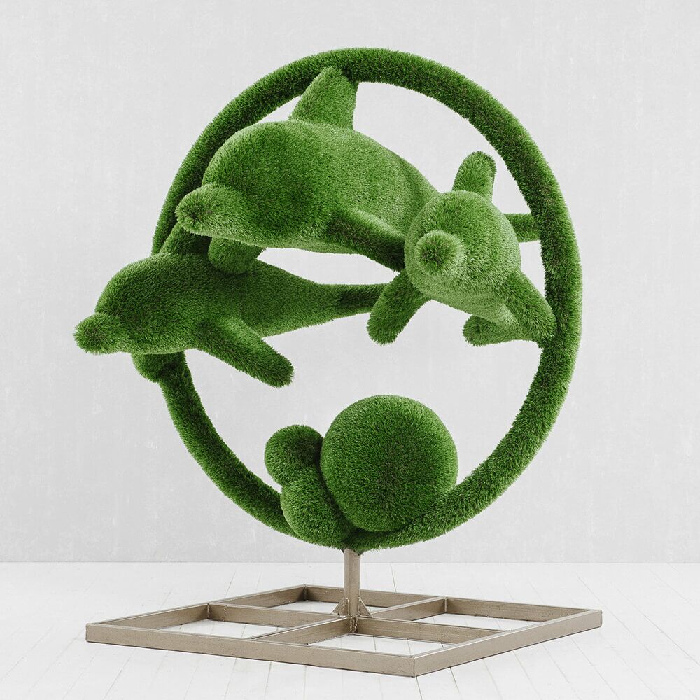  Große Gartenplastik Delfine - GFK & Kunstrasen - Hecken Skulptur - Flipper