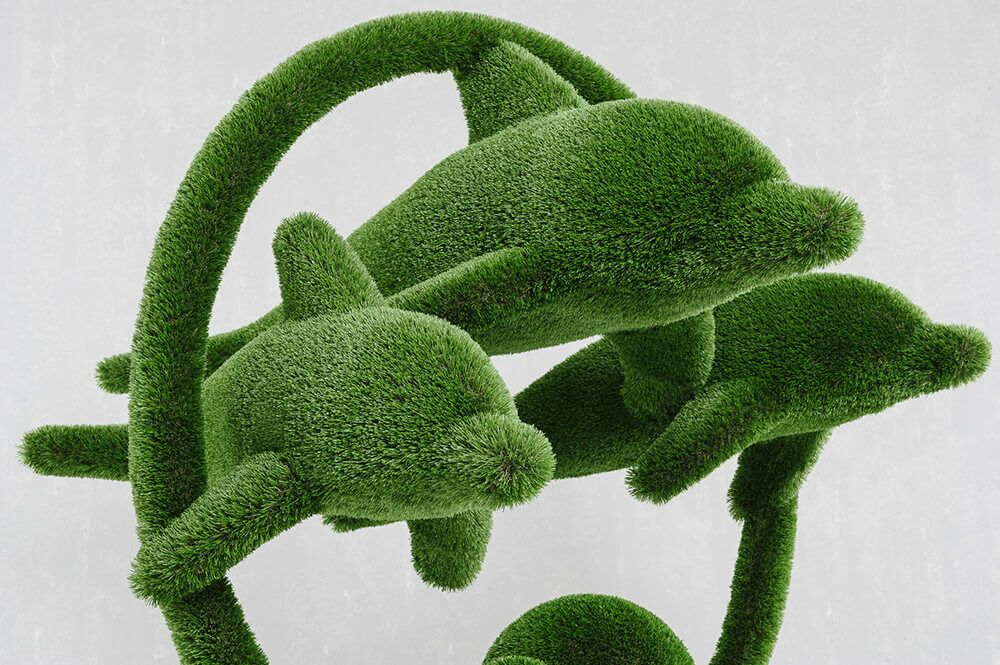  Große Gartenplastik Delfine - GFK & Kunstrasen - Hecken Skulptur - Flipper