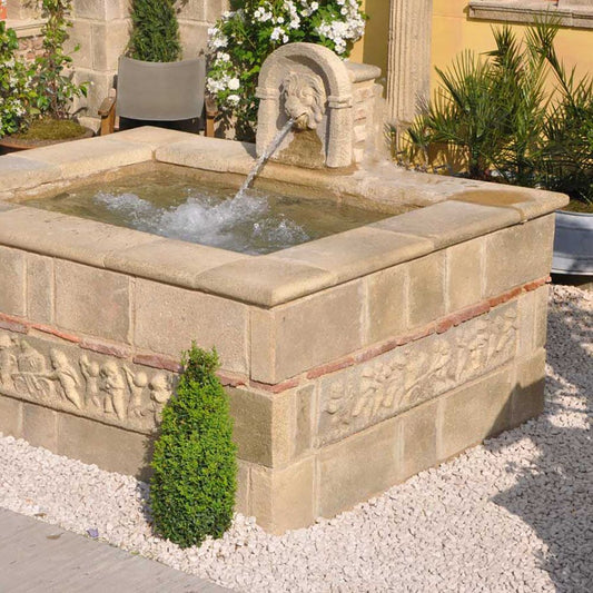  Großer Gartenbrunnen Eckig Mit Löwen Wasserspeier & Putten - Boddle Fountain