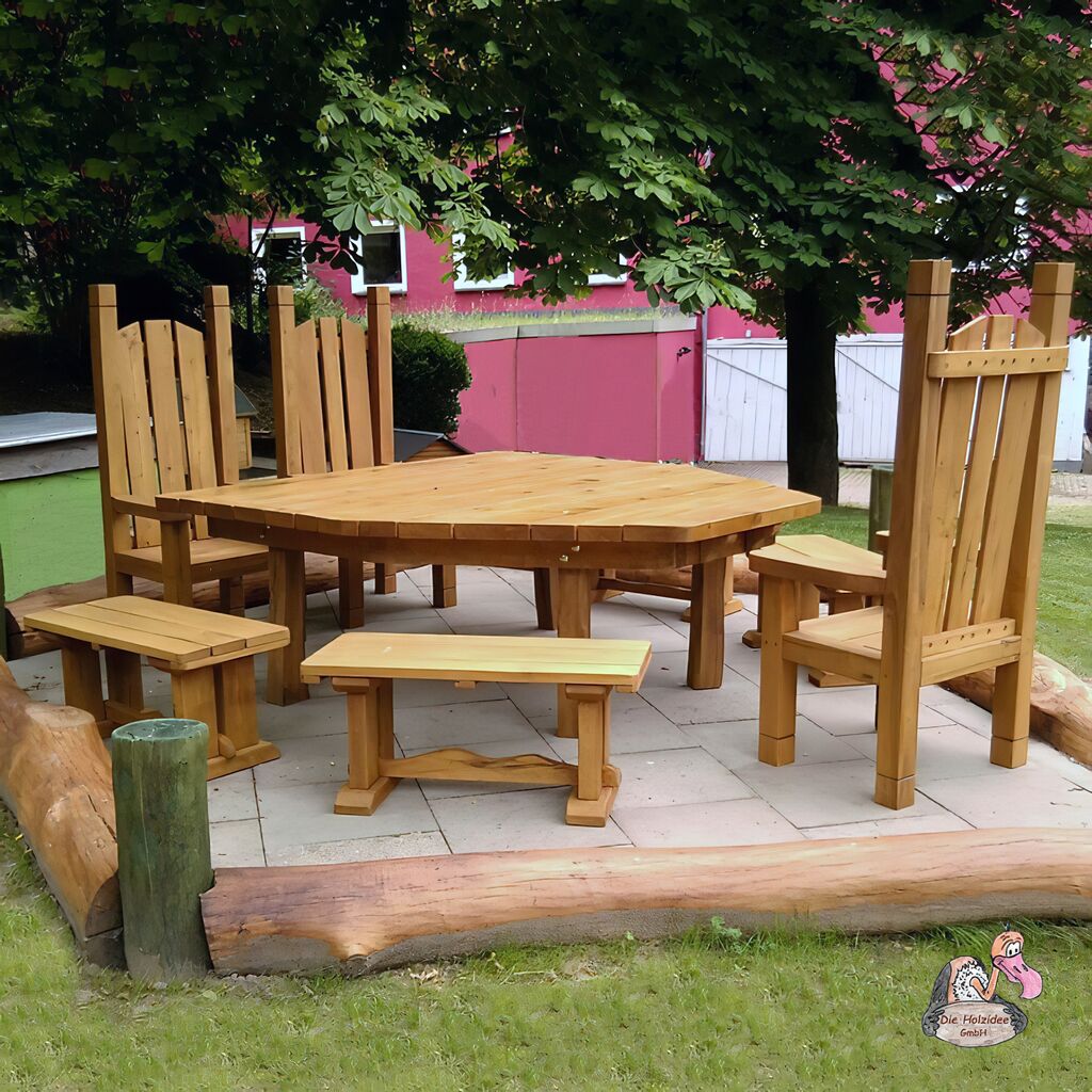  Großer Gartentisch Mit Sitzbänken Und Ritter Stühlen Aus Holz - Sitzgarnitur