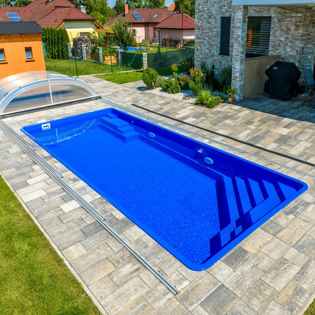  Großer GFK Pool - 350x820cm - Mit 2 Treppen - Glas-Verbundbecken - Rechteckig - Komplettset - Brasilia Pyrit