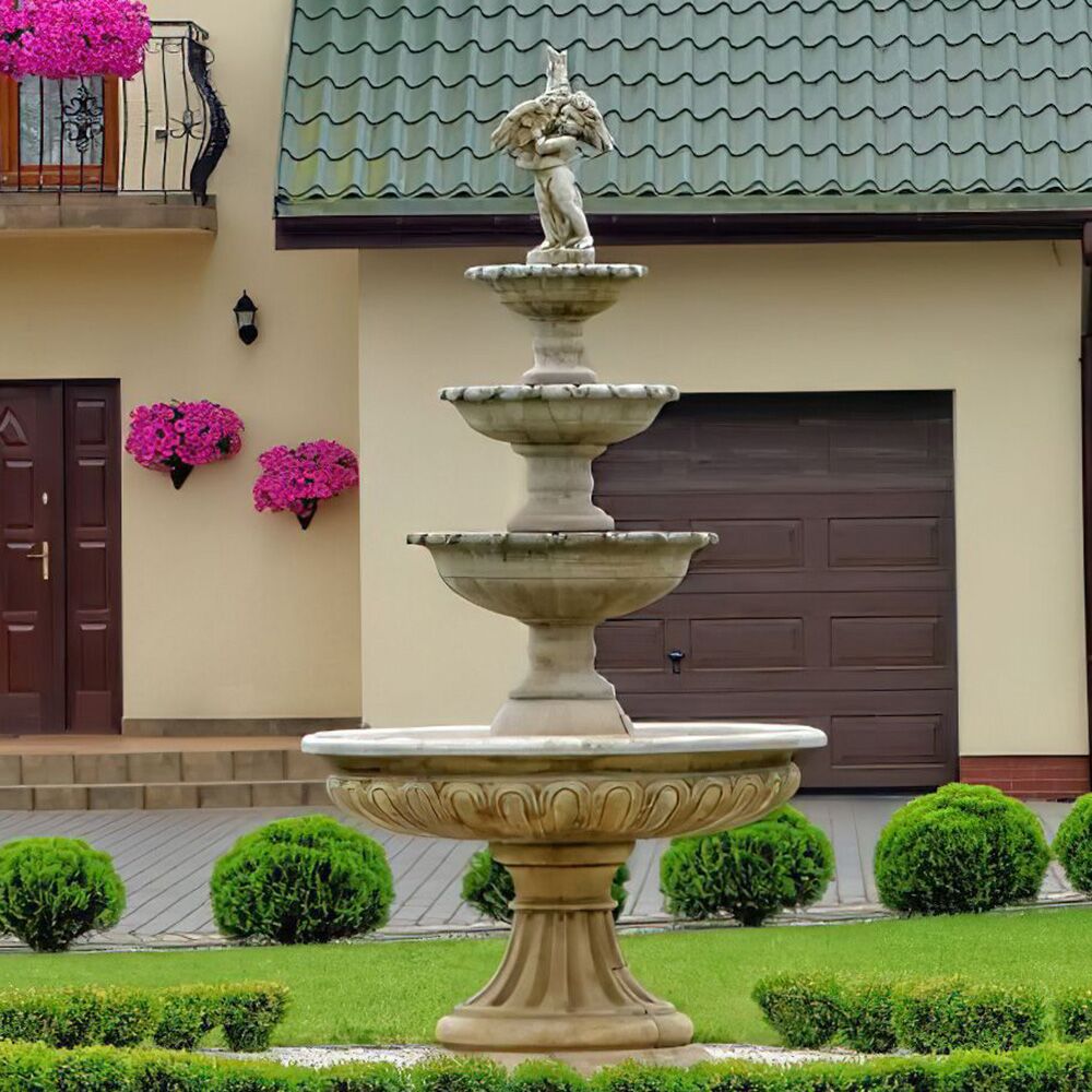  Großer Kaskaden Springbrunnen Mit Vier Brunnenschalen Und Figur - Junge Mit Vogel - Ivano