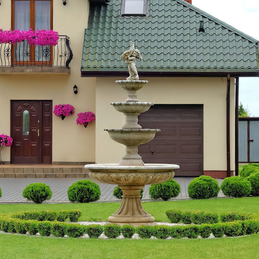  Großer Kaskaden Springbrunnen Mit Vier Brunnenschalen Und Figur - Junge Mit Vogel - Ivano
