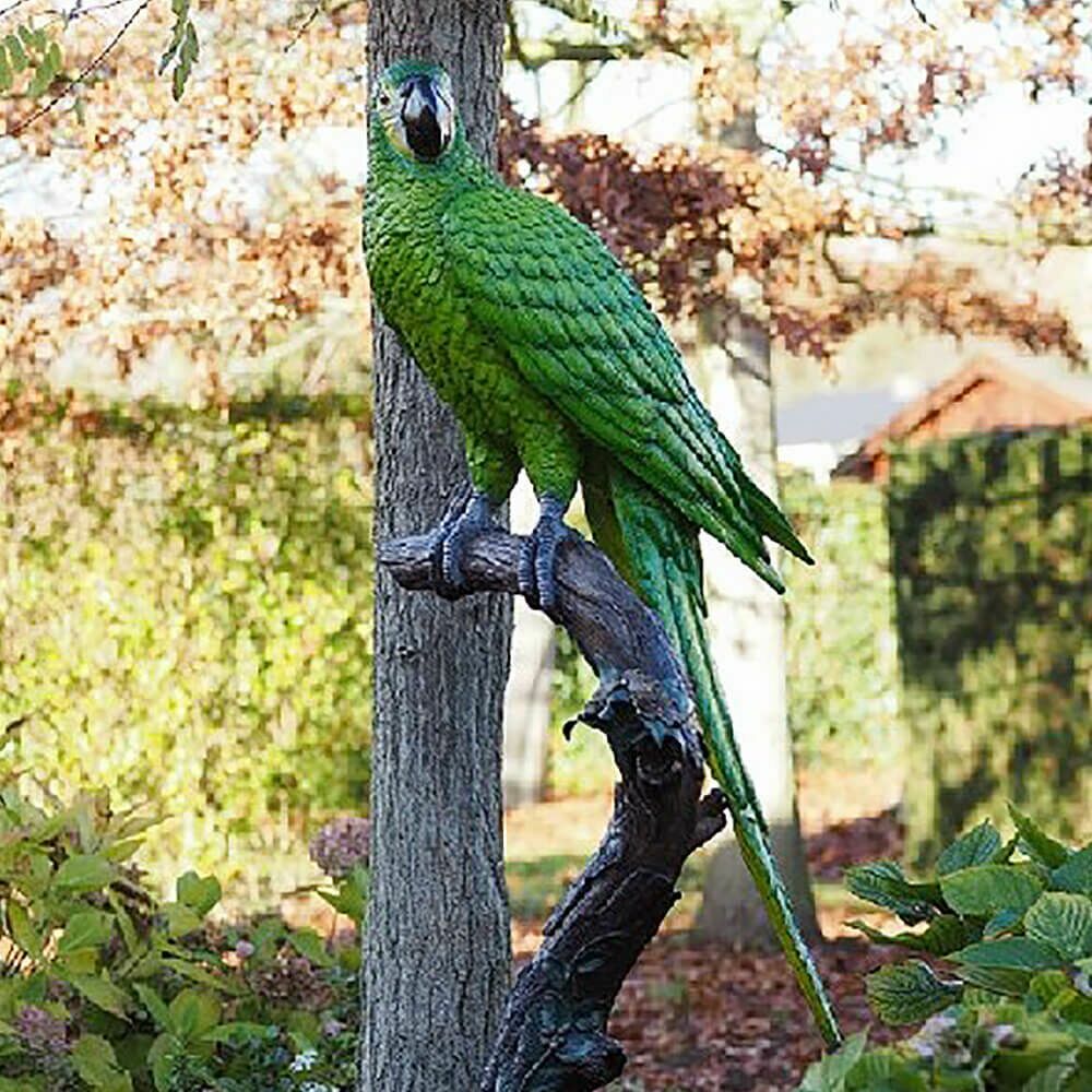  Grüner Ara Auf Ast Aus Bronze Als Gartenskulptur - Papagei Tommi