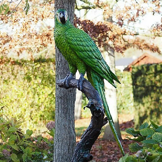  Grüner Ara Auf Ast Aus Bronze Als Gartenskulptur - Papagei Tommi