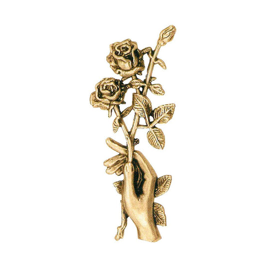  Hand Hält Rosenzweig - Florales Wandrelief Aus Bronze - Rosen In Der Hand