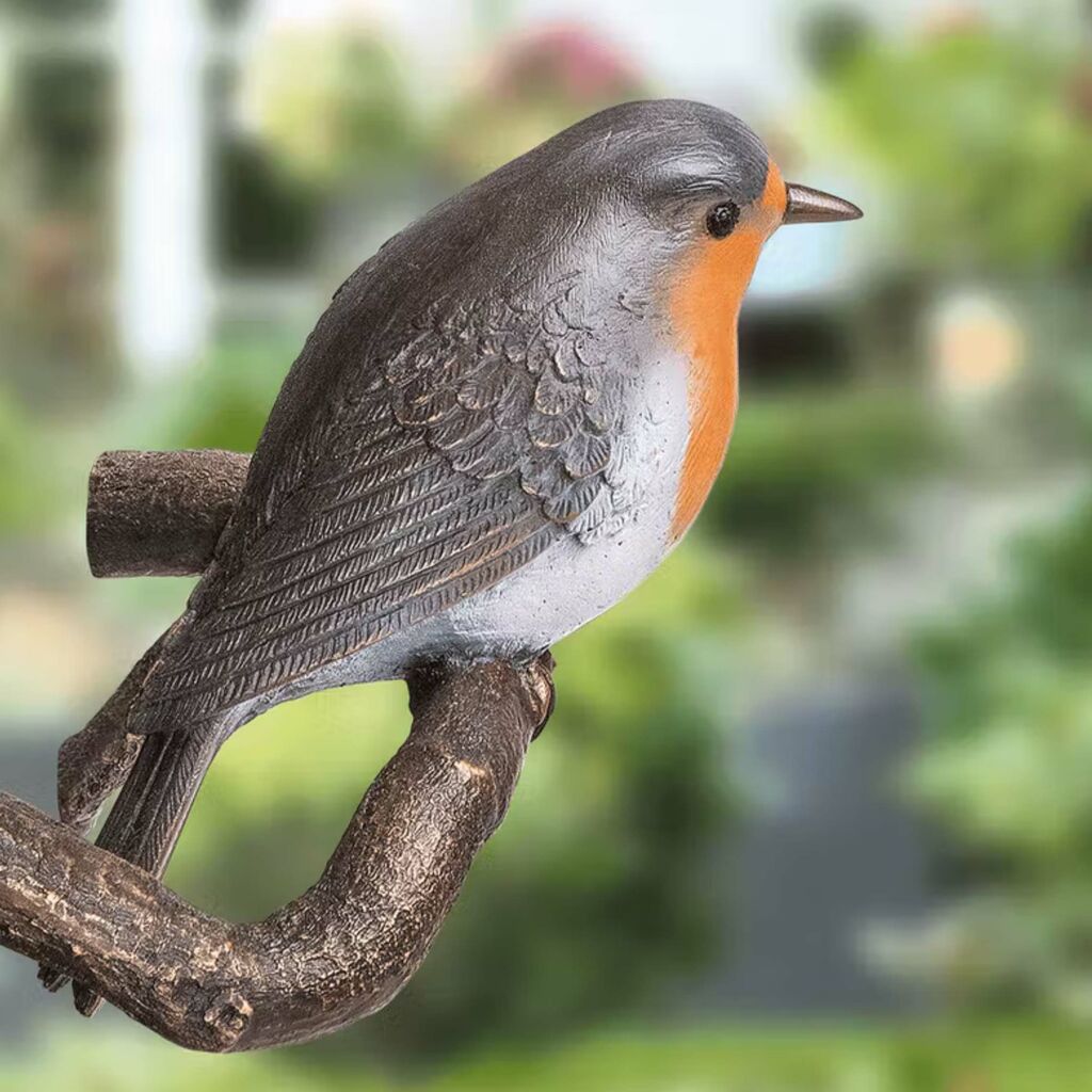 Handbearbeitete Vogelskulptur Auf Zweig Aus Bronze - Rotkehlchen Auf Ast