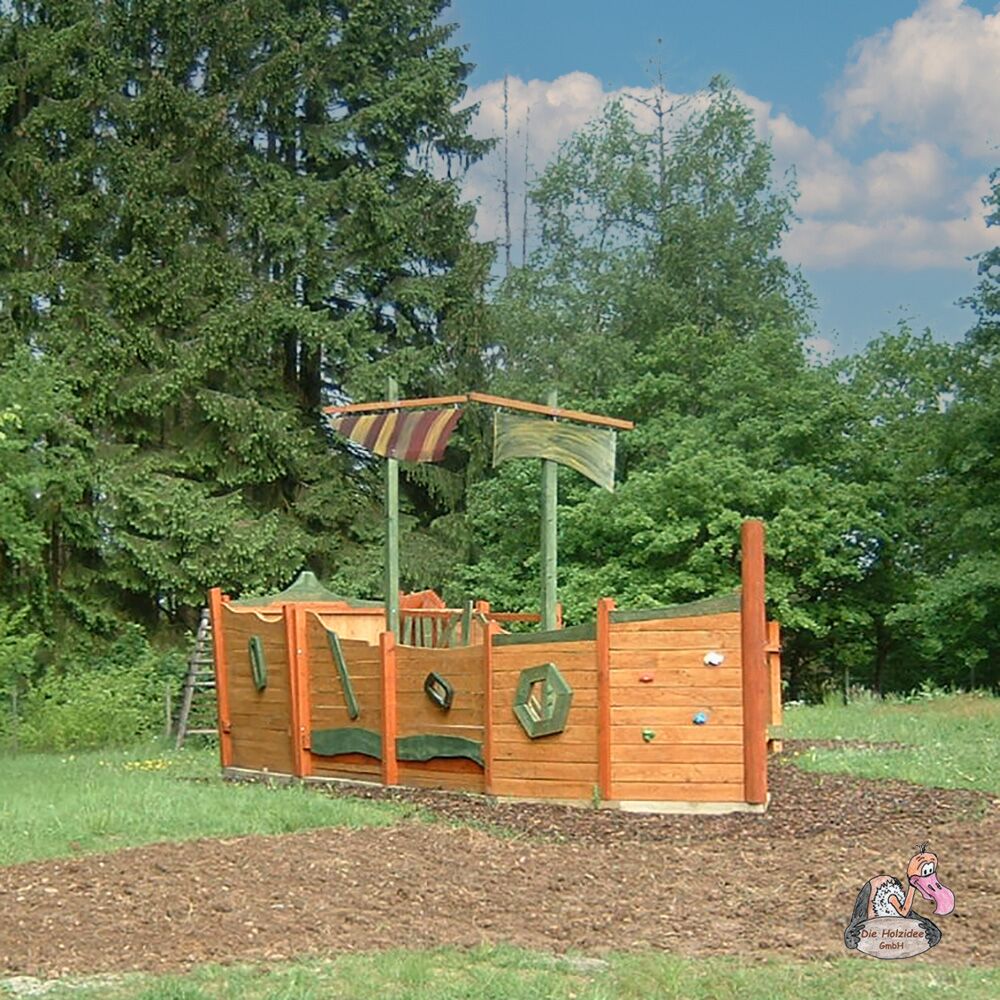  Holz Spielschiff Für Kinder Mit Fensterluken, Kletterwand Und Segeln - Spielschiff Löwenherz