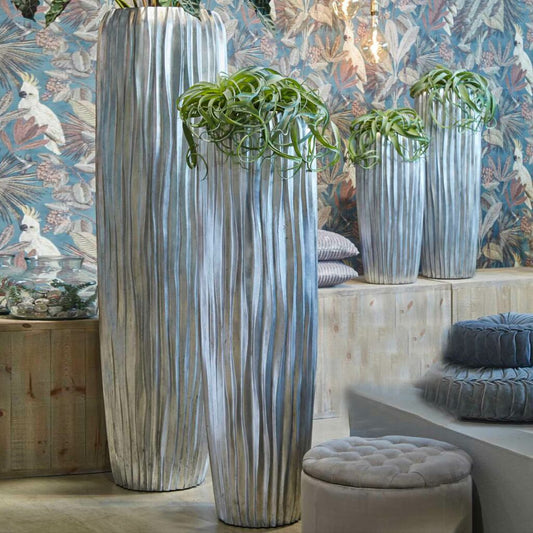  Indoor Pflanzvase Mit Einsatz Aus Polystone - Silber - Rund - Senkrechte Rillenmuster - Adanna
