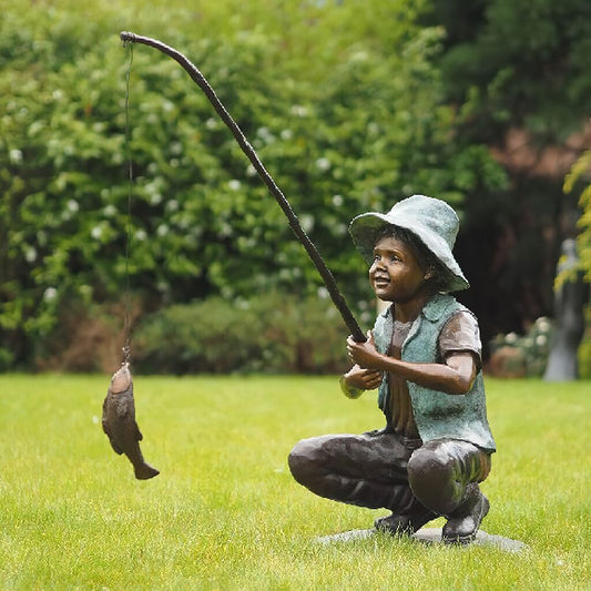  Junge Mit Fisch An Angel Aus Bronze - Fischerjunge