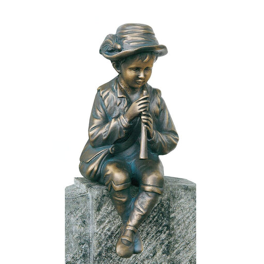  Junge Mit Flöte Sitzt - Besondere Gartenfigur Aus Bronze - Flötenspieler Erwin