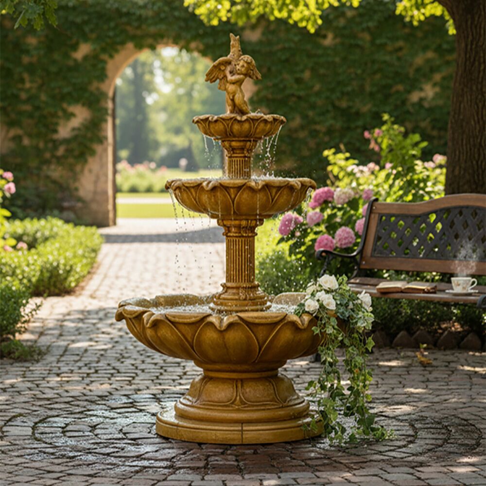  Kaskadenbrunnen Mit Blütenförmigen Schalen - Junge Mit Vogelfigur - Martino