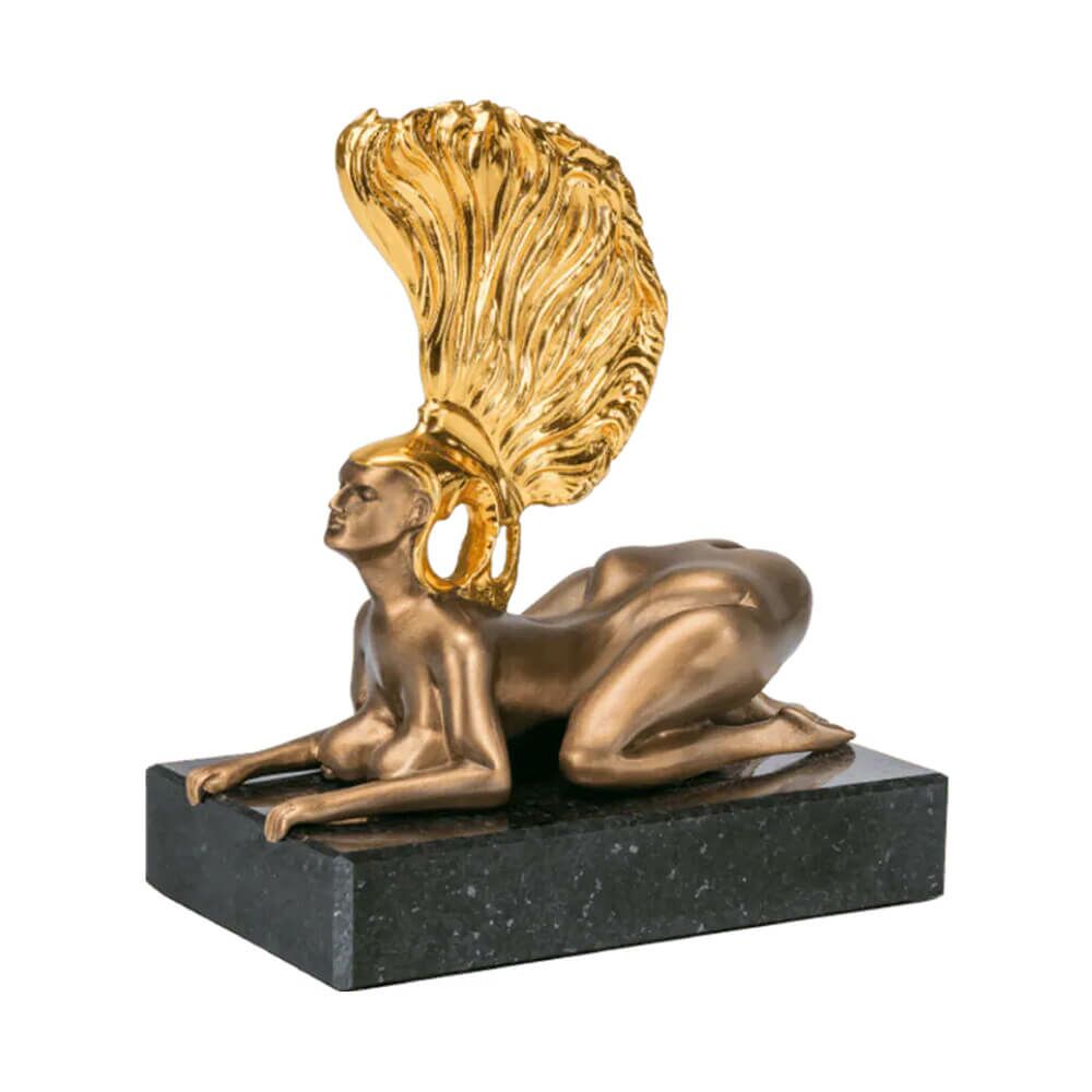  Kleine Bronze Sphinxfigur Mit Granitsockel - Sphinx Mit Goldhelm