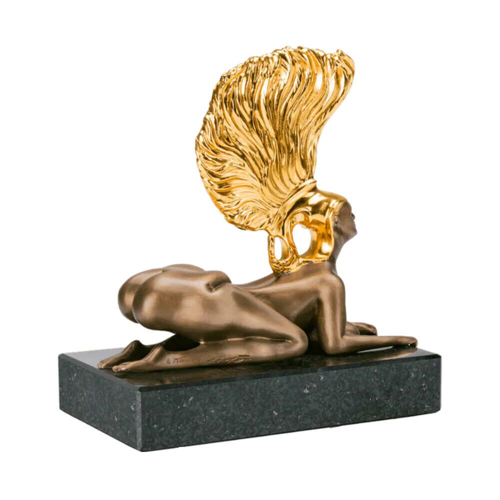  Kleine Bronze Sphinxfigur Mit Granitsockel - Sphinx Mit Goldhelm