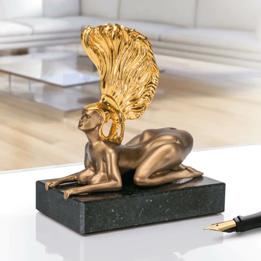  Kleine Bronze Sphinxfigur Mit Granitsockel - Sphinx Mit Goldhelm