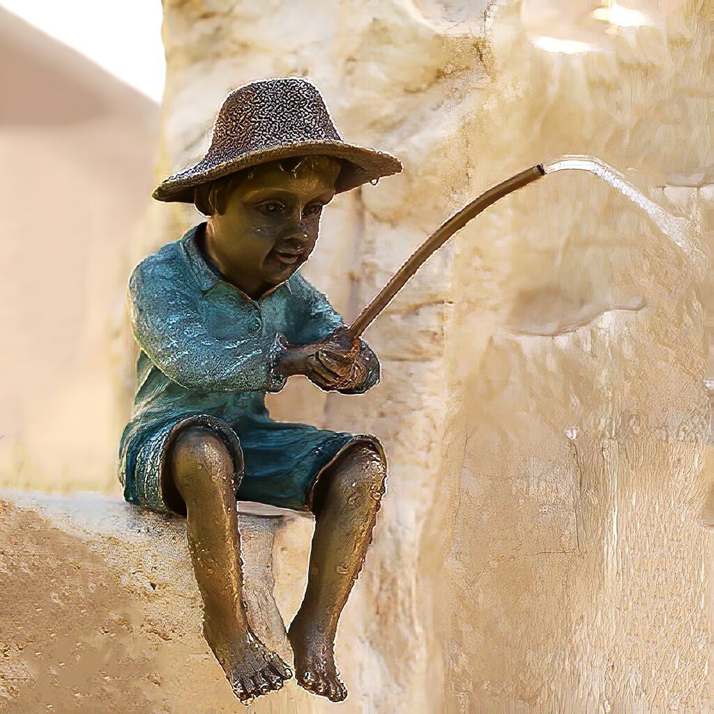  Kleiner Sitzender Junge Mit Hut Hält Angel - Bronze Wasserspeier - Fischerjunge Pier