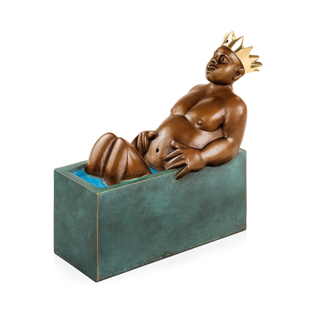  König Sitzt In Wanne - Farbige Bronzeskulptur Mit Krone - Königliches Bad
