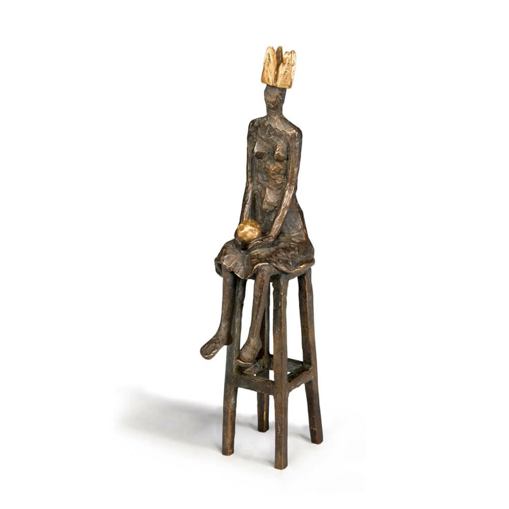  Königin Sitzt Auf Hocker - Bronzeskulptur Mit Goldkrone - Kleine Königin