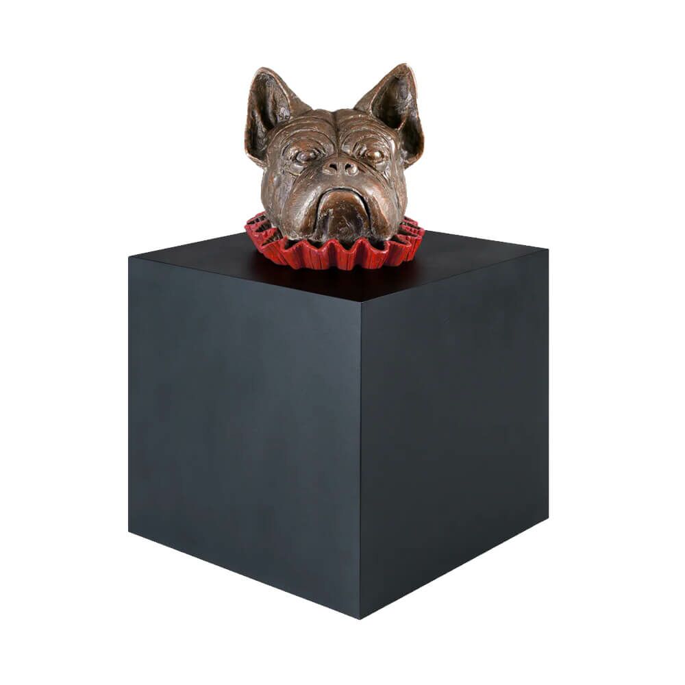  Kopf Bulldogge Aus Bronze Mit Halskrause Auf Sockel - Hund Im Würfel