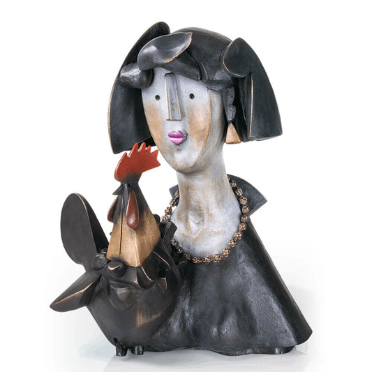  Künstler Skulptur Vornehme Frau Mit Hahn - Limitierte Bronze - Floo E Il Gallo