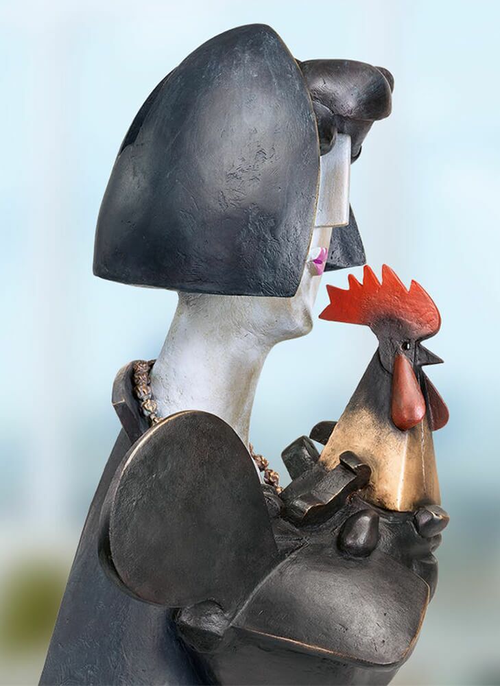  Künstler Skulptur Vornehme Frau Mit Hahn - Limitierte Bronze - Floo E Il Gallo