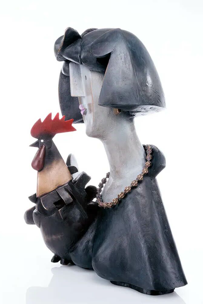  Künstler Skulptur Vornehme Frau Mit Hahn - Limitierte Bronze - Floo E Il Gallo