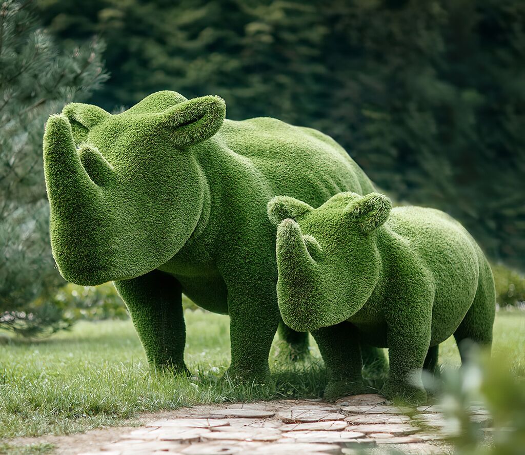  Lebensgroße Nashorn Skulptur - Topiary - GFK - Grün - Akono