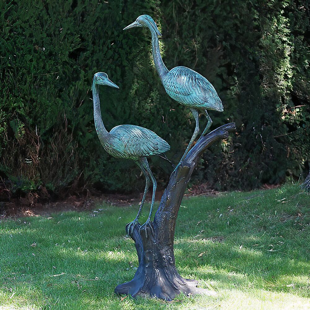 Lebensgroße Vogelskulptur 2 Reiher Aus Bronze Sitzen Auf Baum - Reiherpaar