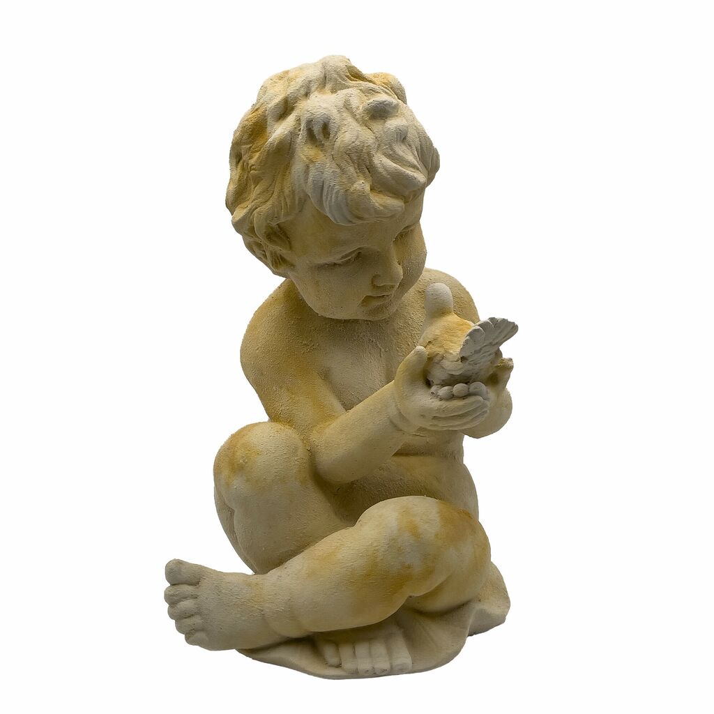  Liebliche Kind Gartenstatue Mit Vogel Aus Steinguss - Agelu