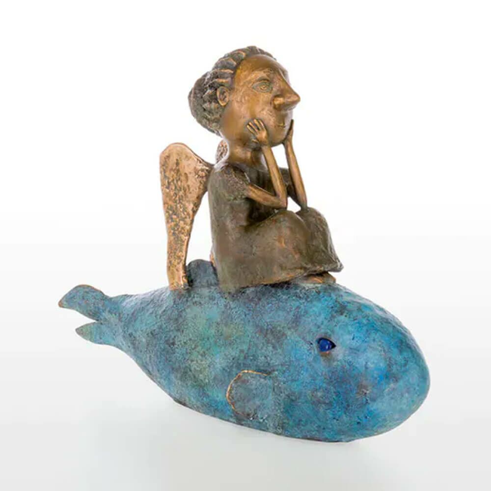  Limitierte Bronzeplastik - Engel Sitzt Auf Wal - Girl On A Fish