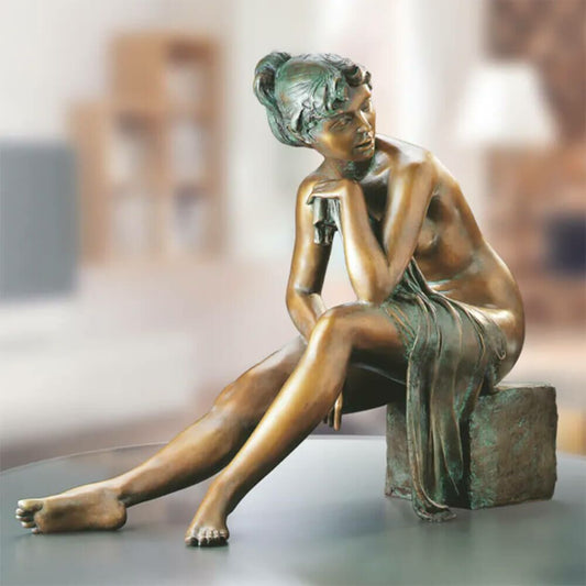  Limitierte Frauenskulptur Sitzend Mit Tuch - Bronze - Ich Lausche Den Vögeln