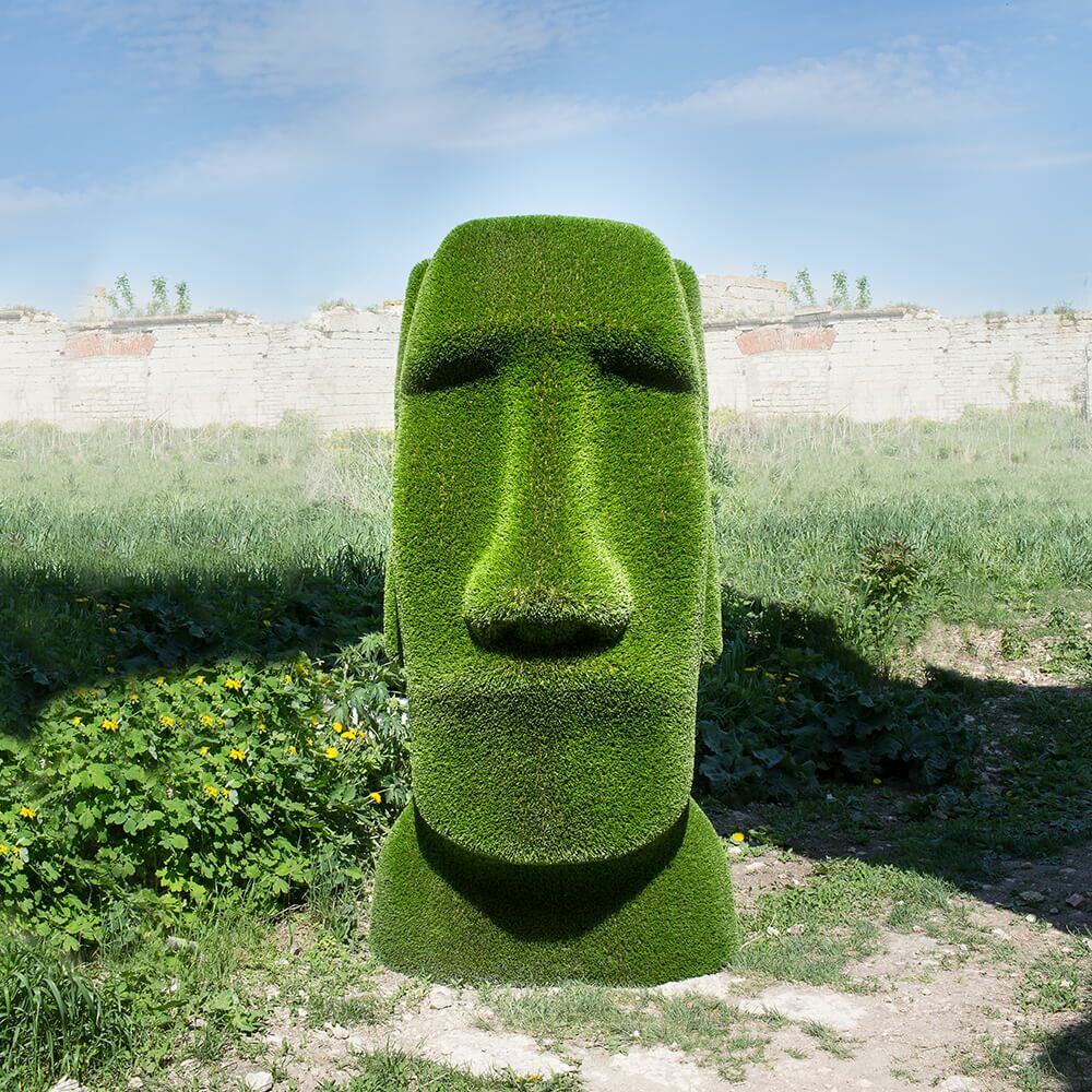  Moai Kopf Gartenfigur - Topiary - GFK & Kunstrasen - Idukan
