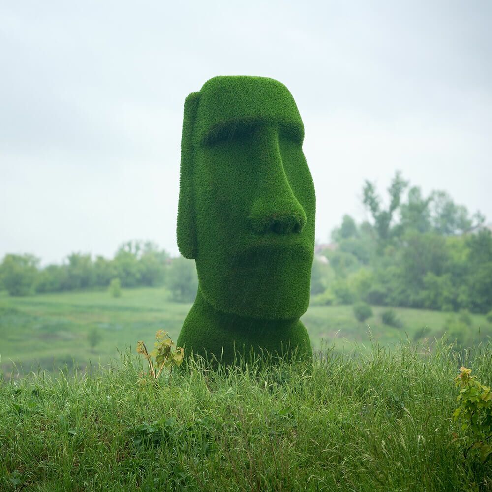  Moai Kopf Gartenfigur - Topiary - GFK & Kunstrasen - Idukan