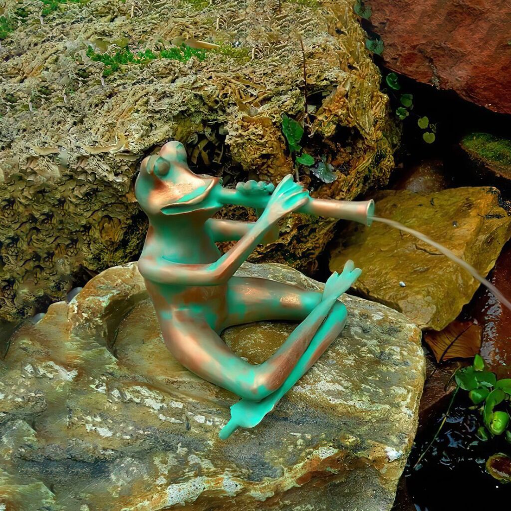  Musikalischer Steinguss Wasserspeier - Frosch Im Schneidersitz Mit Flöte - Nemea