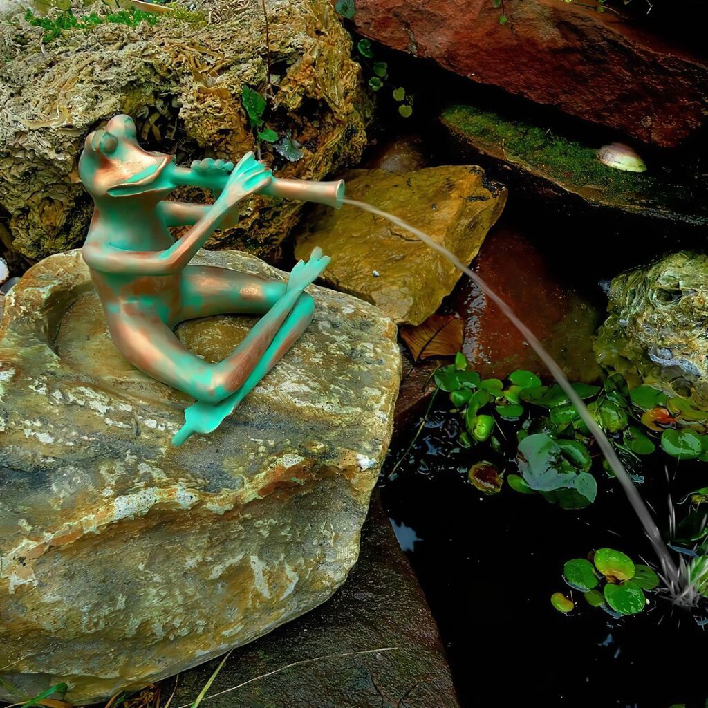 Musikalischer Steinguss Wasserspeier - Frosch Im Schneidersitz Mit Flöte - Nemea