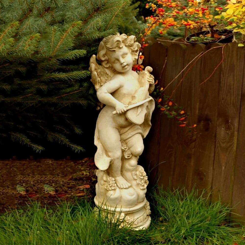  Musizierender Amor Für Den Garten - Kunstvolle Engelskulptur Mit Geige - Tommaso