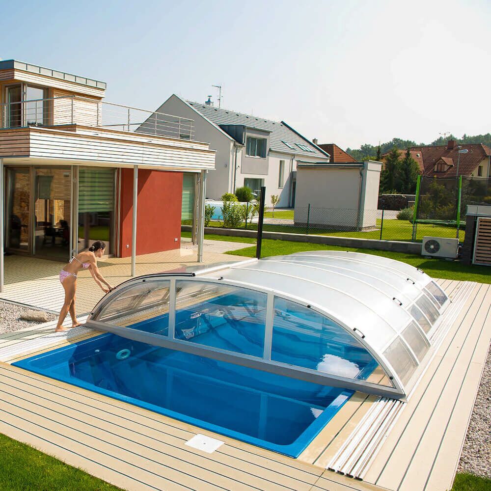  Niedrige Poolabdeckung Als Sonderanfertigung - Mit Seitentür - Aluminium & Polycarbonat - Olivin Flach